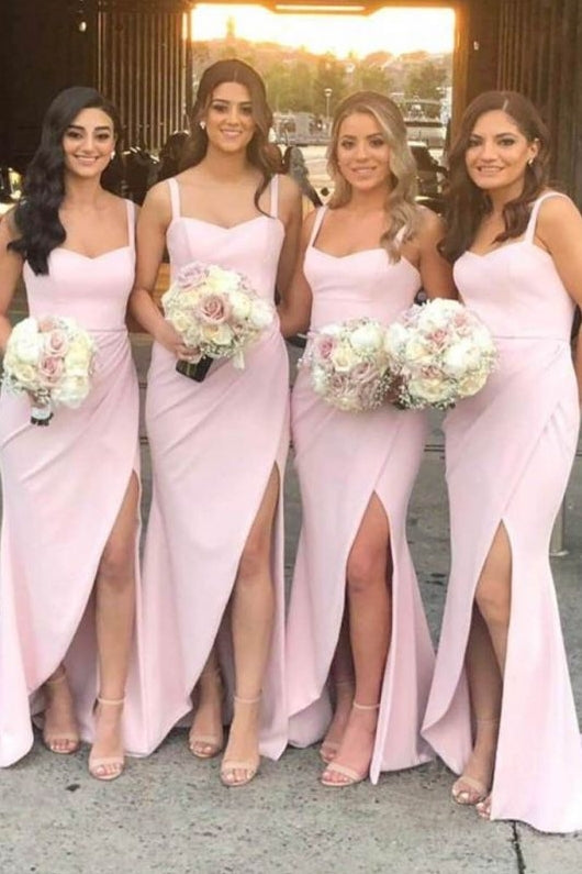 Pink Sheath Sweetheart Bridesmaid Dresses with Split