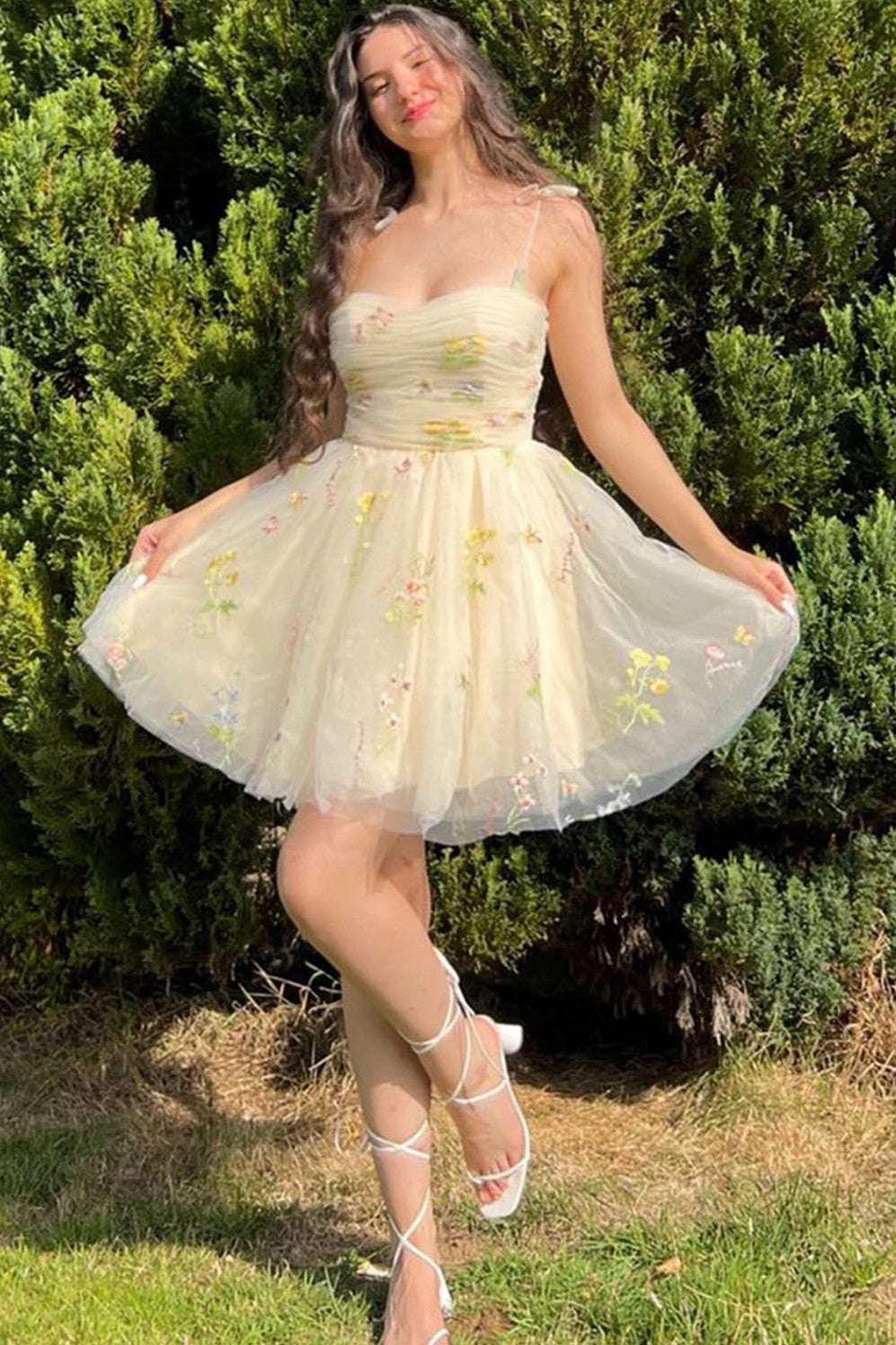 Champagne Spaghetti Straps Tulle Homecoming Dress Short Prom Dress