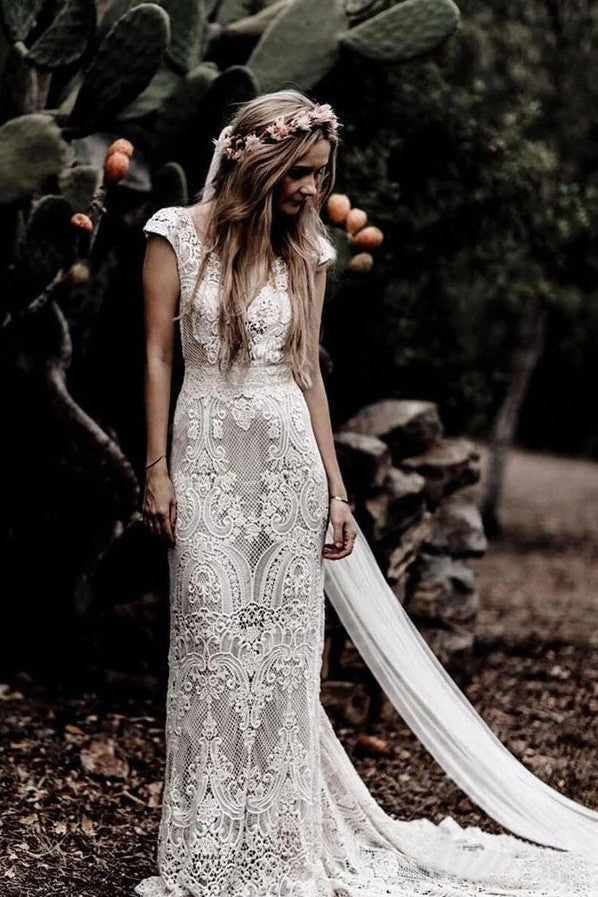 Mermaid Cap Sleeves Rustic Lace Wedding Dress