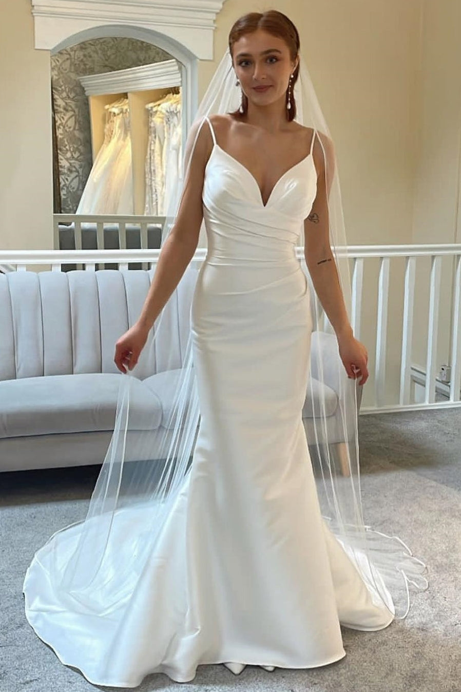 Spaghetti Straps Backless Trumpet Wedding Dress With Pleats