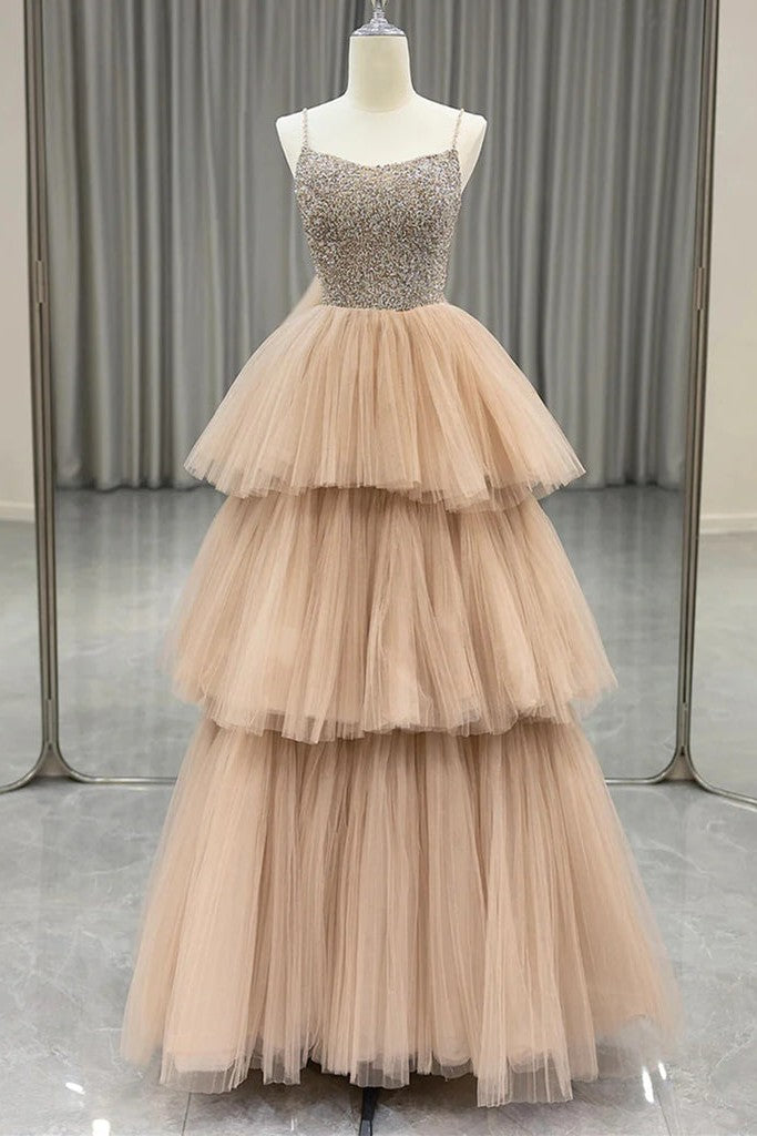 2026 Glitter Tiered Prom Dress Spaghetti Straps Champagne Tulle Evening Gown