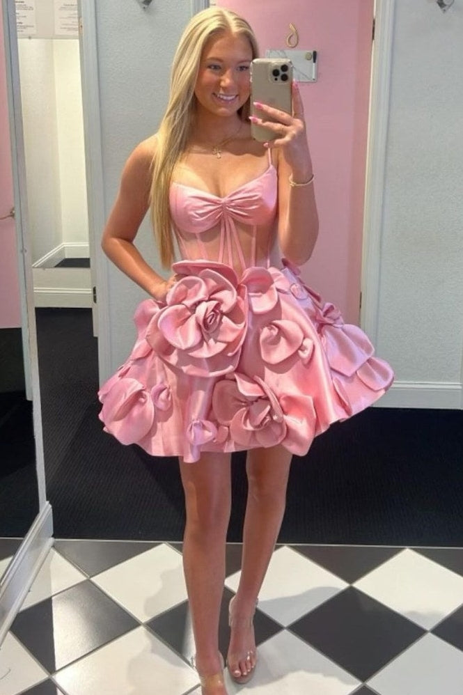 Spaghetti Straps A-Line Homecoming Dress  Short Prom Dress  with 3D Floral