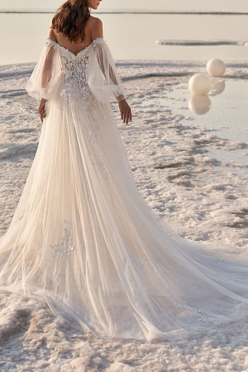 A-Line Off-The-Shoulder Court Train Wedding Dress