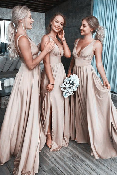 Sexy V Neck A-Line Bridesmaid Dress with Slit