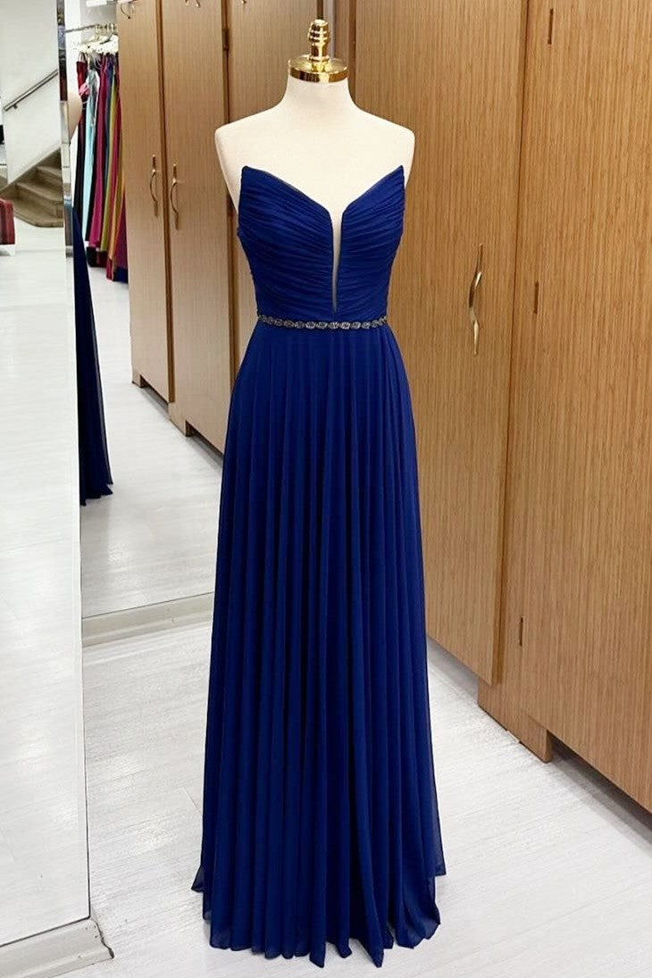 Royal Blue Chiffon Bridesmaid Dress Pleated Beaded Maid of Honor Dress