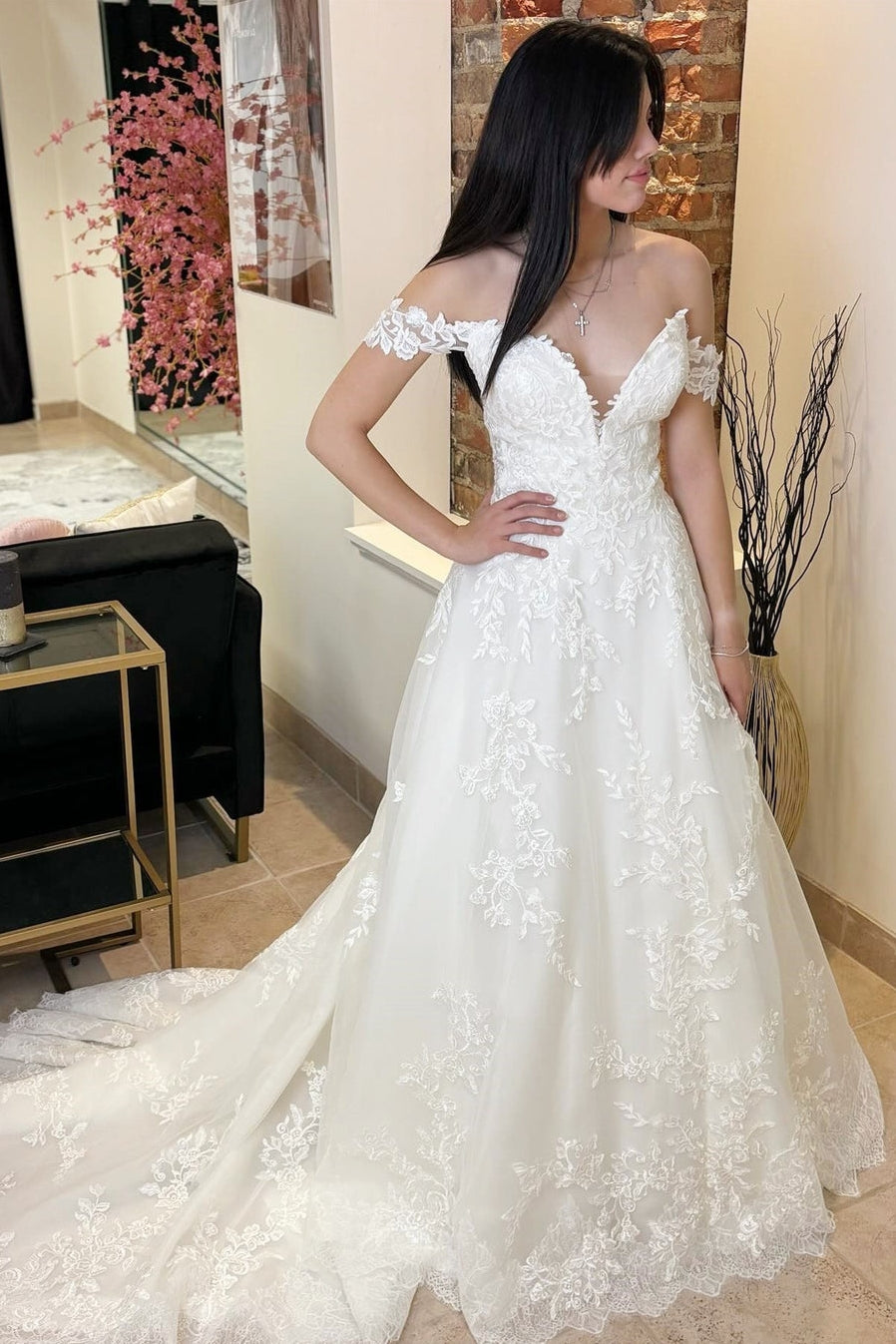 Off-The-Shoulder A-Line Sheer Back Wedding Dress With Lace Appliques