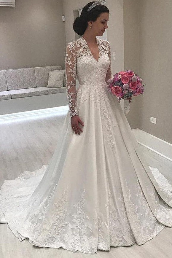 V-Neck A-Line Wedding Dress with Sheer Lace Long Sleeves