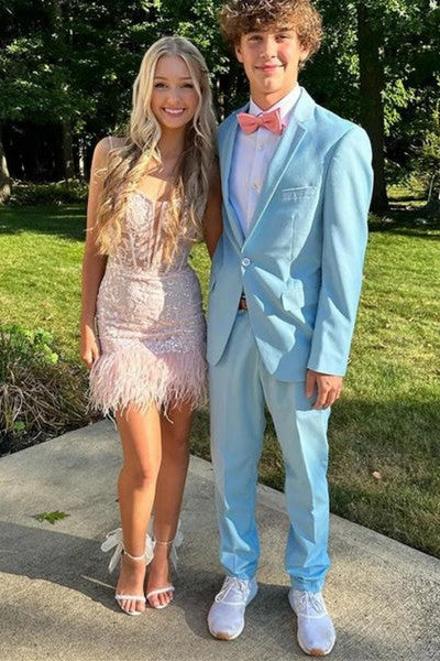 Short V Neck Lace  Homecoming Dress Short Prom Dress with Feather