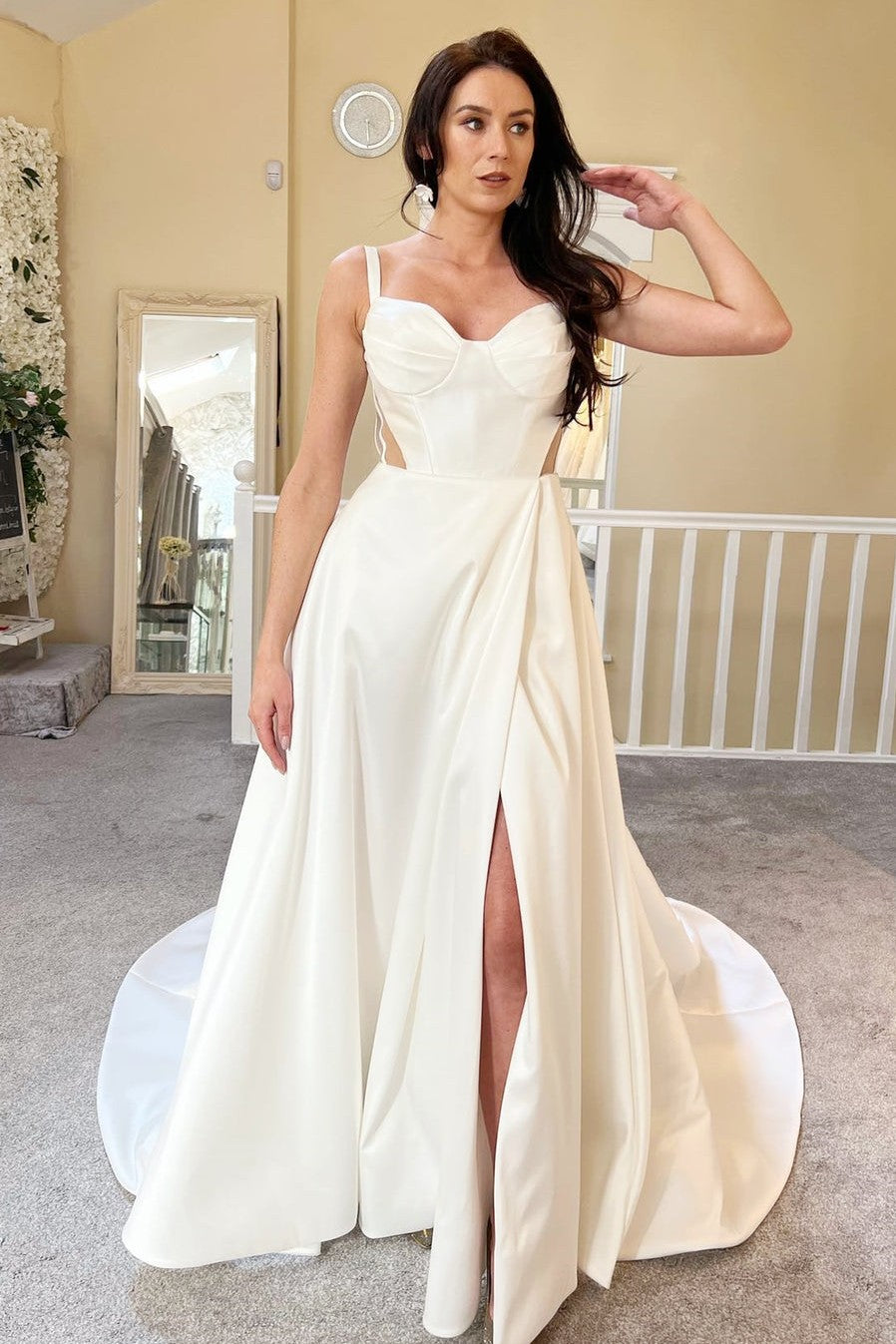 Slit Satin A-Line Wedding Dress Cut Out Waist Buttons Back Bridal Gown