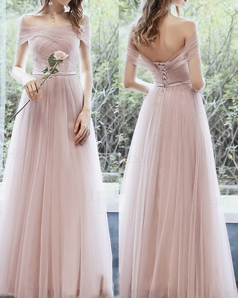 Off The Shoulder Bridesmaid Dress Pleated Lace Up Tulle Maid of Honor Dress