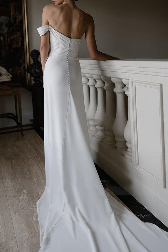 Sheath One-Shoulder Sleeveless Satin Wedding Dresses with High Slit