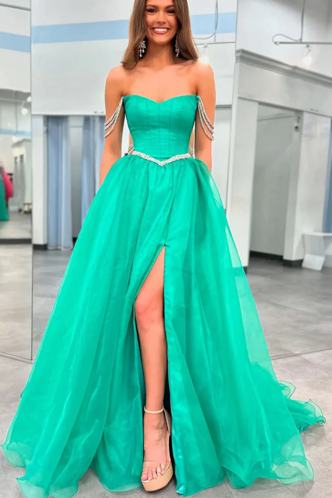 2026 Green Slit Prom Dress Beaded Off The Shoulder Evening Gown