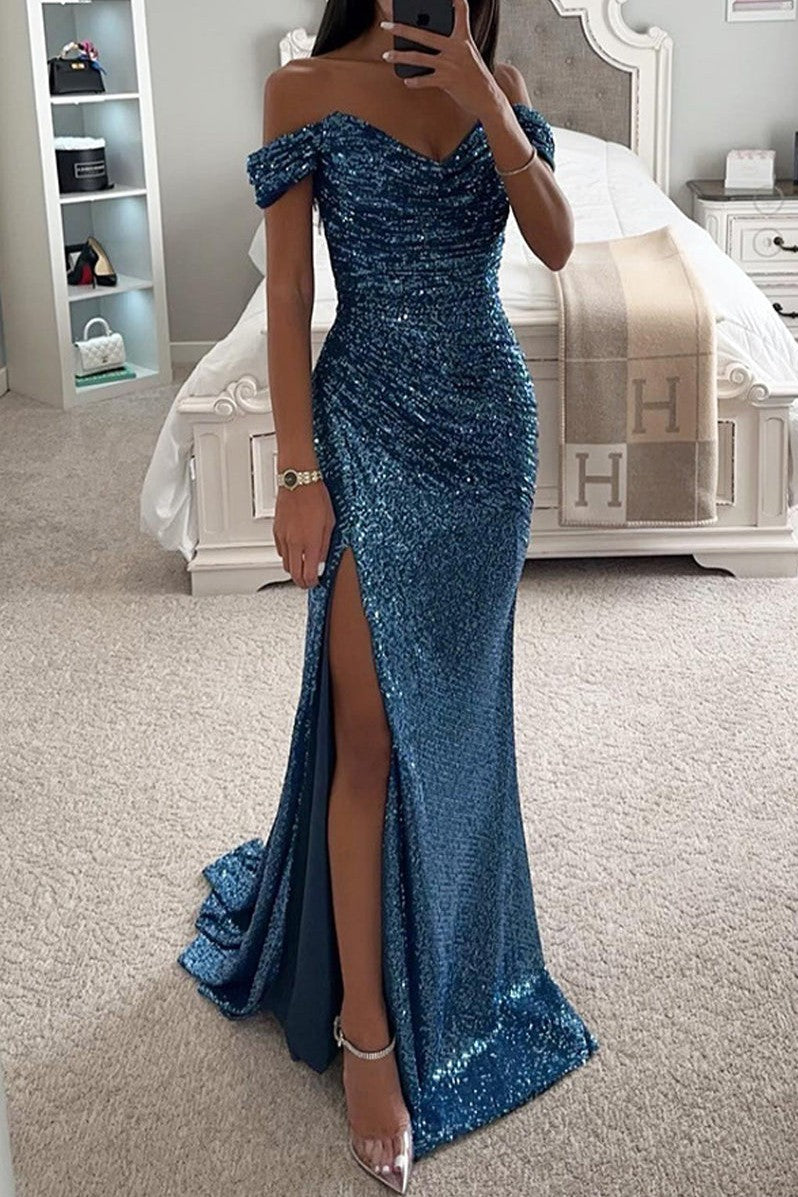 2026 Sequin Slit Prom Dress Off The Shoulder Ruched Mermaid Evening Gown