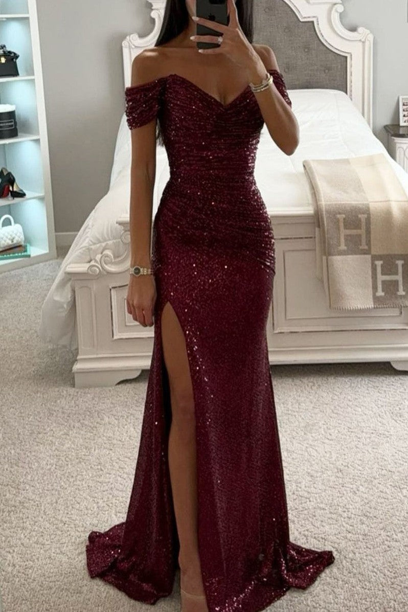 2026 Sequin Slit Prom Dress Off The Shoulder Ruched Mermaid Evening Gown