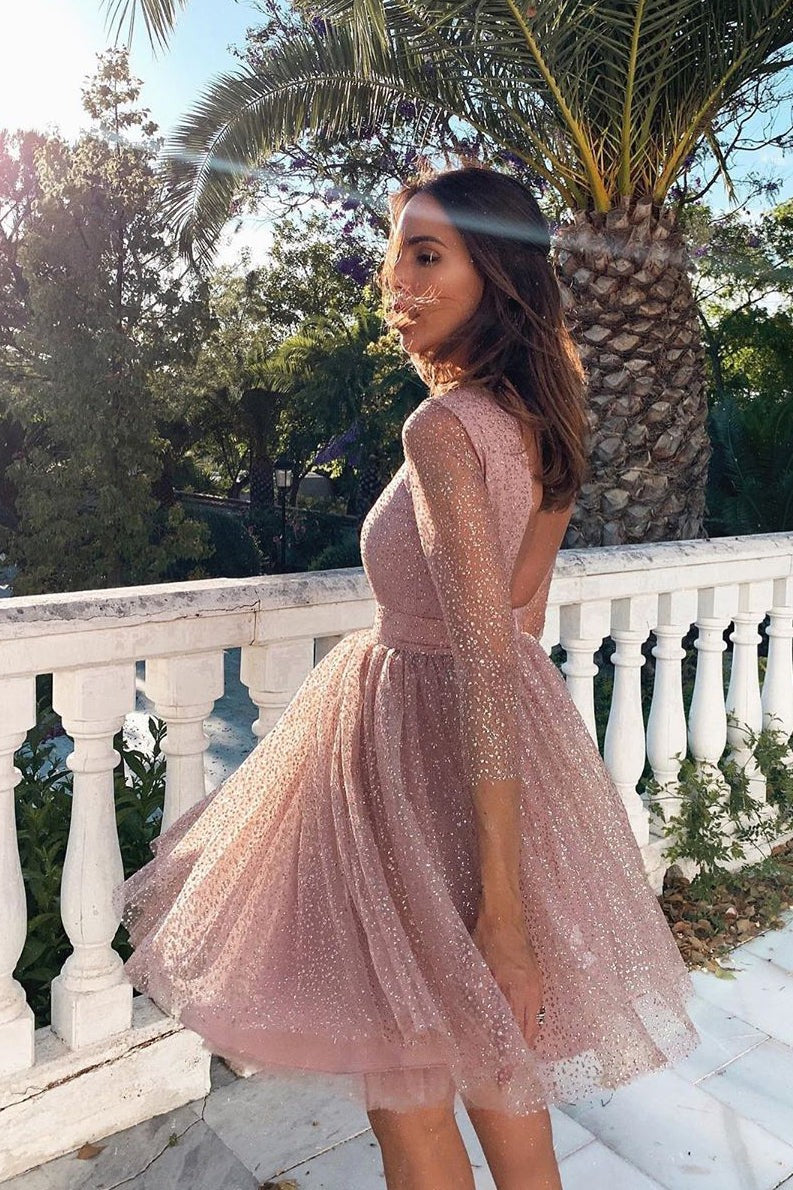Short Pink Homecoming Dress with Open Back