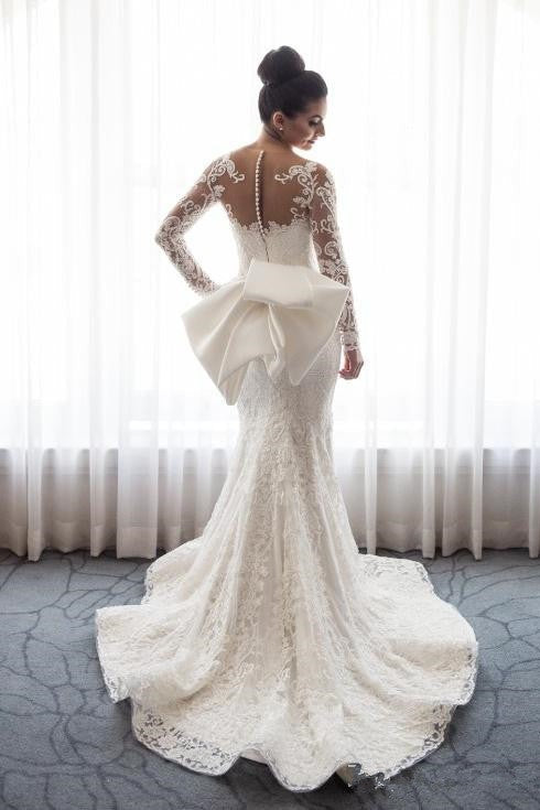 Lace Long Sleeves Mermaid Wedding Dress with Oversized Bow