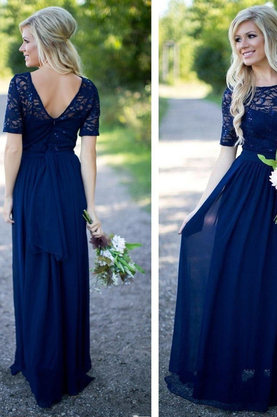 Half Sleeves Navy Blue Lace Bridesmaid Dresses
