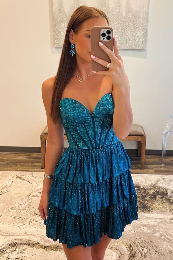 Strapless Homecoming Dress  Short Prom Dress  with  Ruffle Beaded