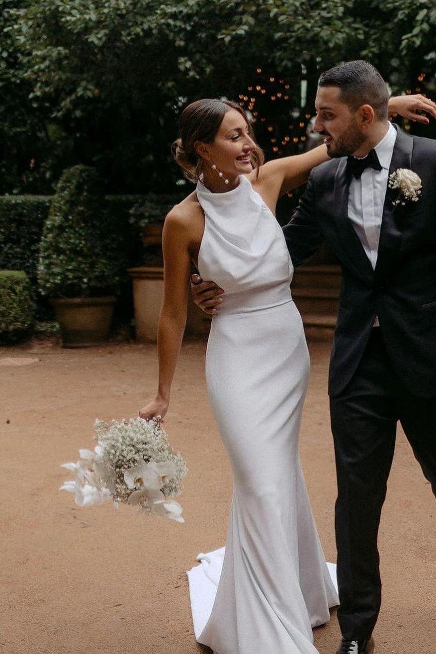Simple Mermaid Halter Satin Wedding Dress with Open Back