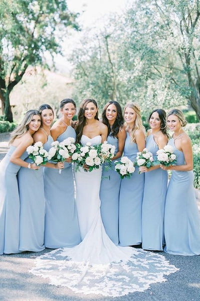 Sheath Straps Blue Chiffon Long Bridesmaid Dresses
