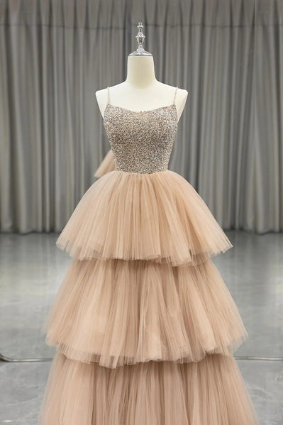 2026 Glitter Tiered Prom Dress Spaghetti Straps Champagne Tulle Evening Gown
