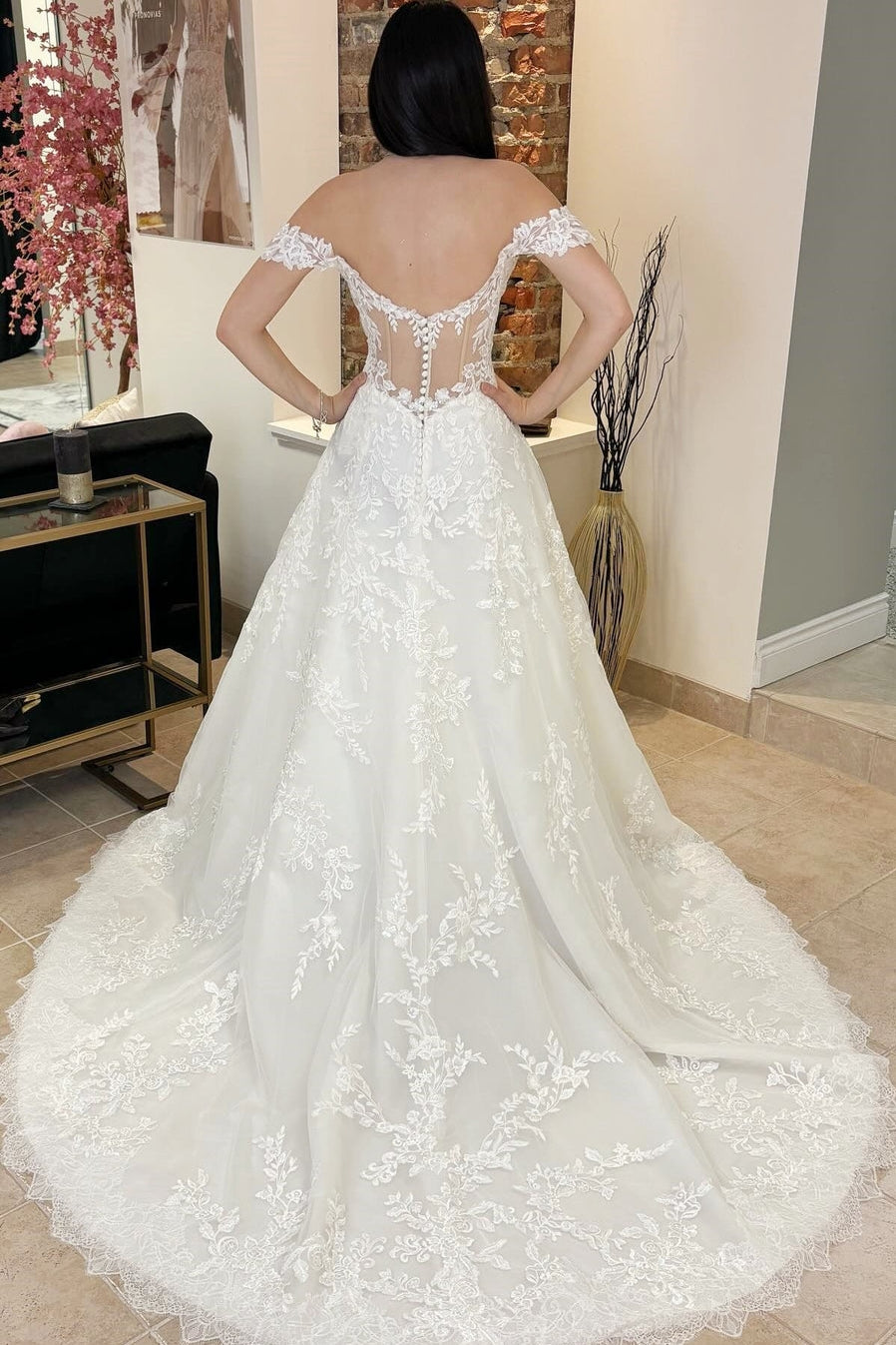 Off-The-Shoulder A-Line Sheer Back Wedding Dress With Lace Appliques