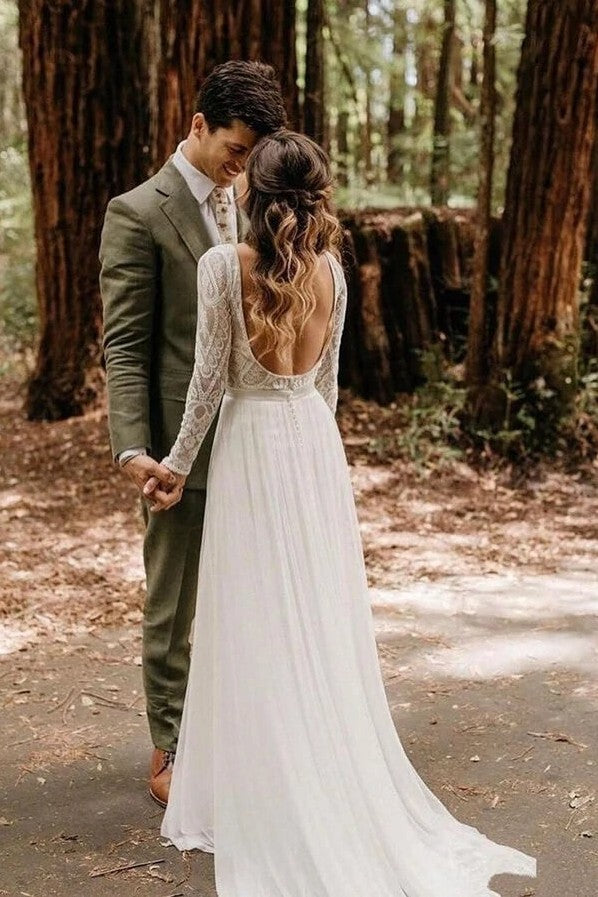 Bohemia Lace A-Line Backless Wedding Dress with Long Sleeves