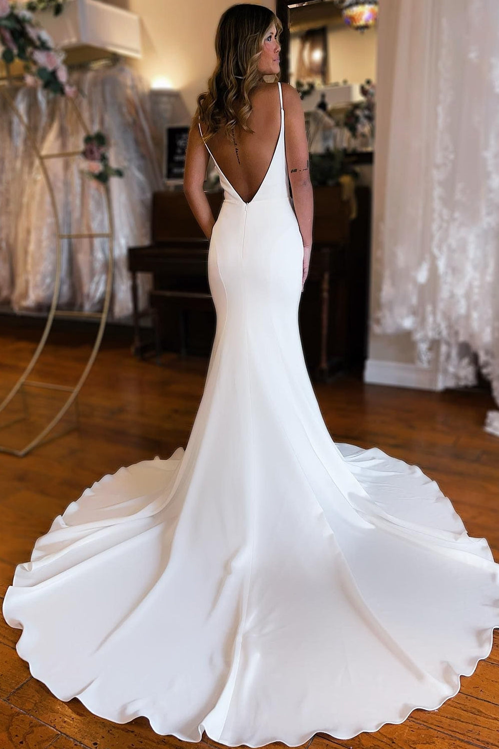 Simple White Mermaid Backless  Wedding Dress