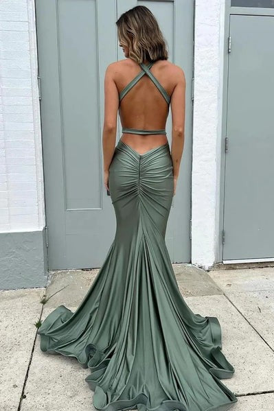 Sexy Backless Mermaid Prom Dress Sage Green Formal Gown