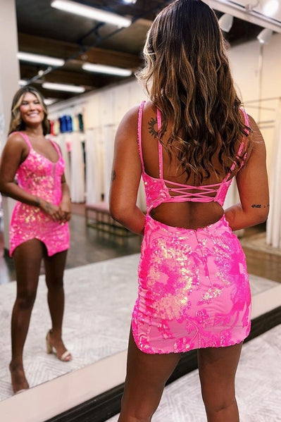 V Neck Sequins Homecoming Dress Short Prom Dress