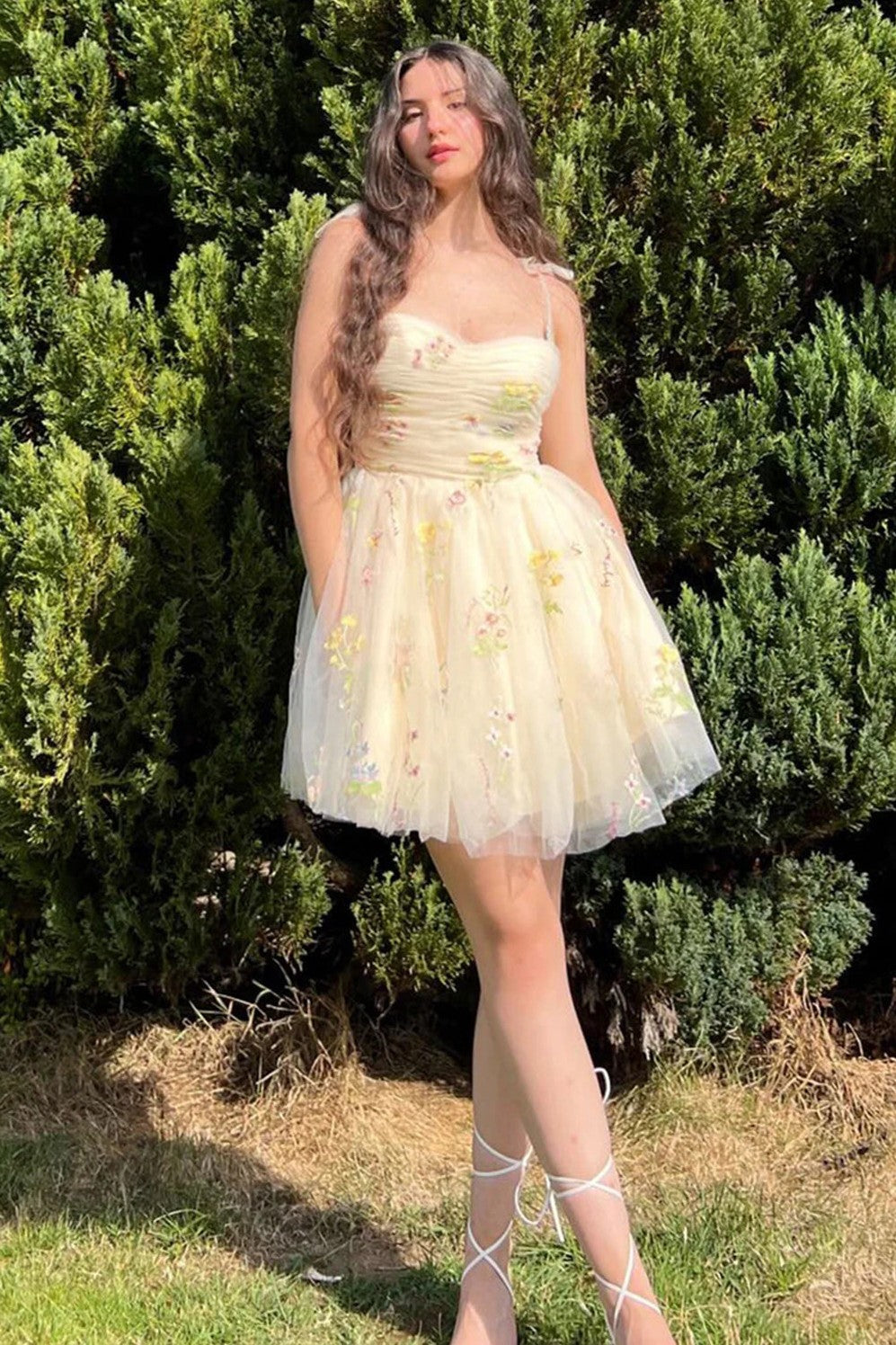 Champagne Spaghetti Straps Tulle Homecoming Dress Short Prom Dress