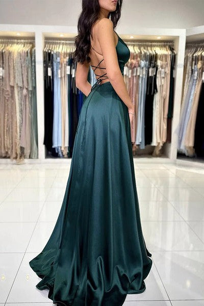 2026 Dark Green Prom Dress Sexy Slit Backless Satin Evening Gown