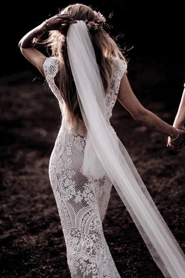 Mermaid Cap Sleeves Rustic Lace Wedding Dress