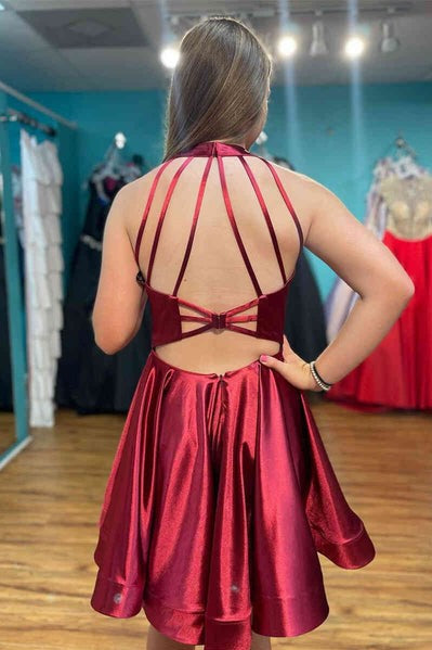 V Neck Short Backless Burgundy Homecoming Dress Short Prom Dress