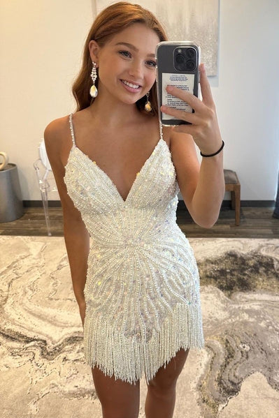 V Neck White Beading  Homecoming Dress Short Prom Dress