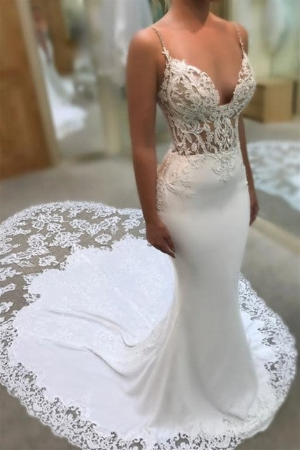 Appliqued Lace Mermaid Spaghetti Sleeveless  Wedding Dresses
