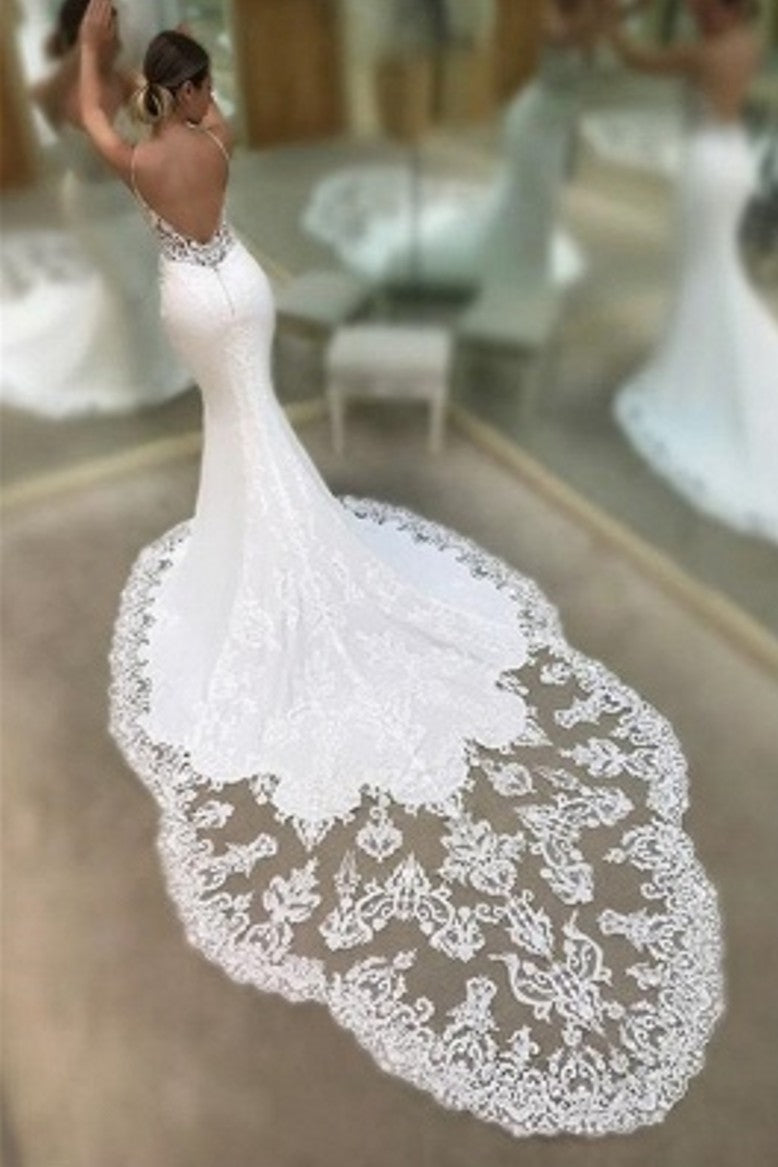 Appliqued Lace Mermaid Spaghetti Sleeveless  Wedding Dresses