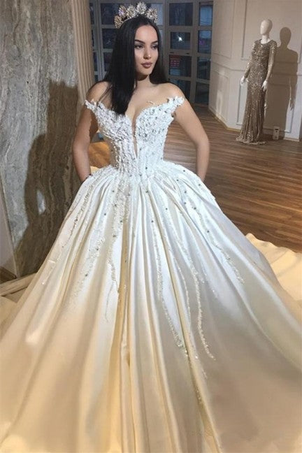 Off The Shoulder Royal Wedding Dresses Sexy | Beads Appliques Puffy Satin Wedding Dress