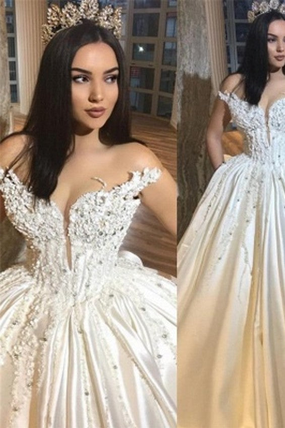 Off The Shoulder Royal Wedding Dresses Sexy | Beads Appliques Puffy Satin Wedding Dress