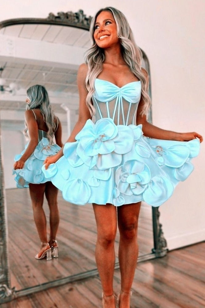 Spaghetti Straps A-Line Homecoming Dress  Short Prom Dress  with 3D Floral