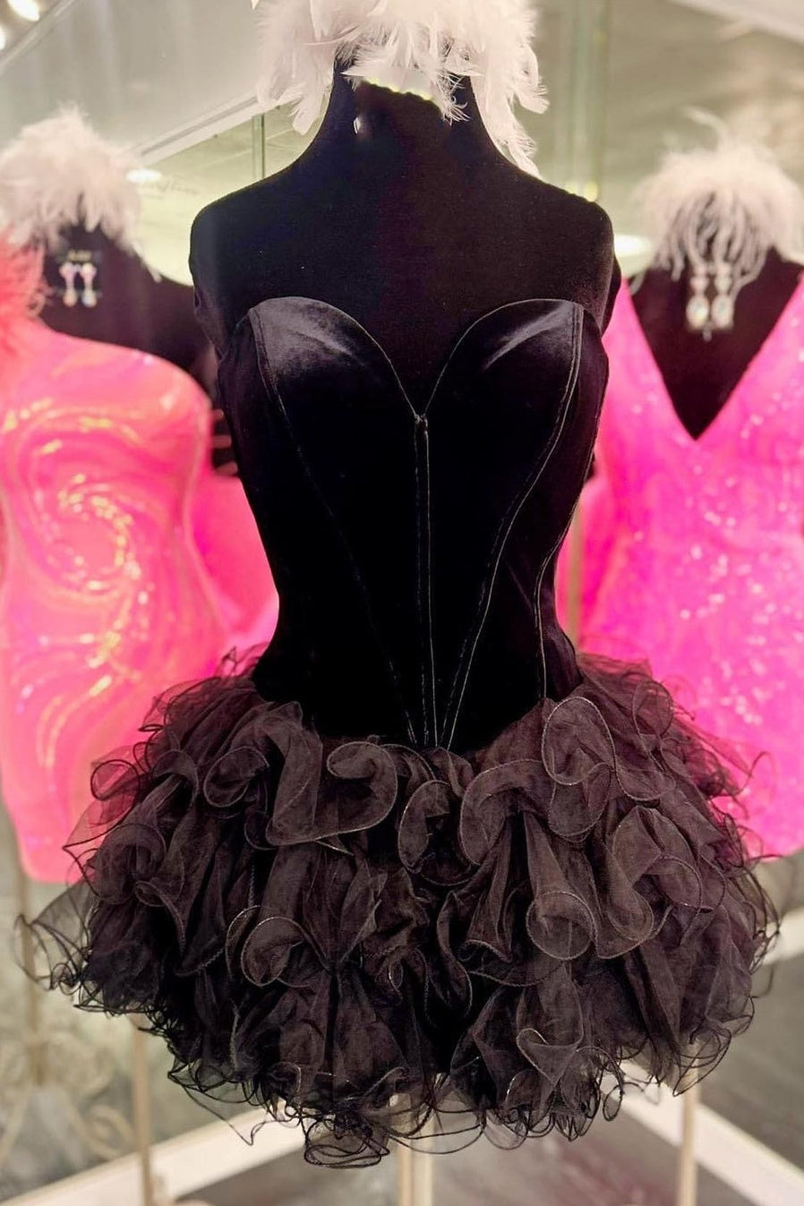 Velvet Strapless Homecoming Dress  Short Prom Dress with Ruffles