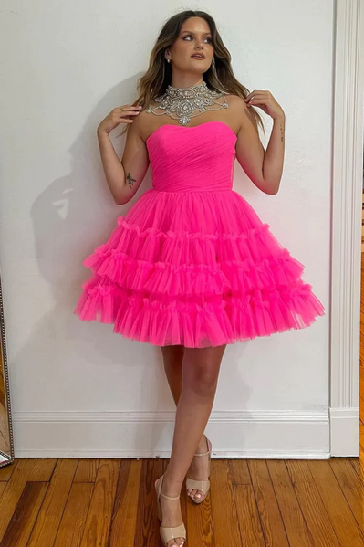 Strapless Hot Pink Tulle  Homecoming Dress Short Prom Dress