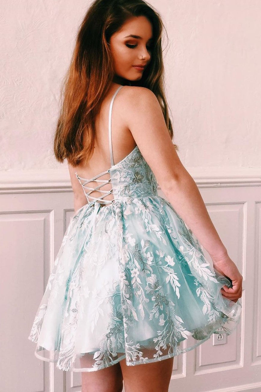 Lace-Up Sequined Homecoming Dress with Flowers