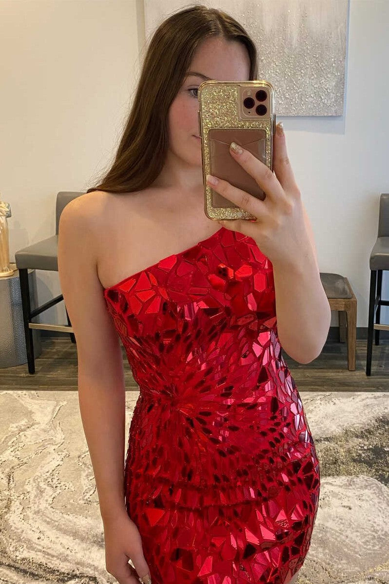 One-Shoulder  Cut Glass Mirror Fitted Mini Homecoming Dress