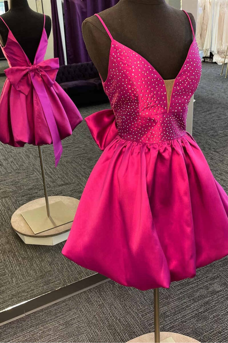 Glitter Magenta V-Neck Short Homecoming Dress