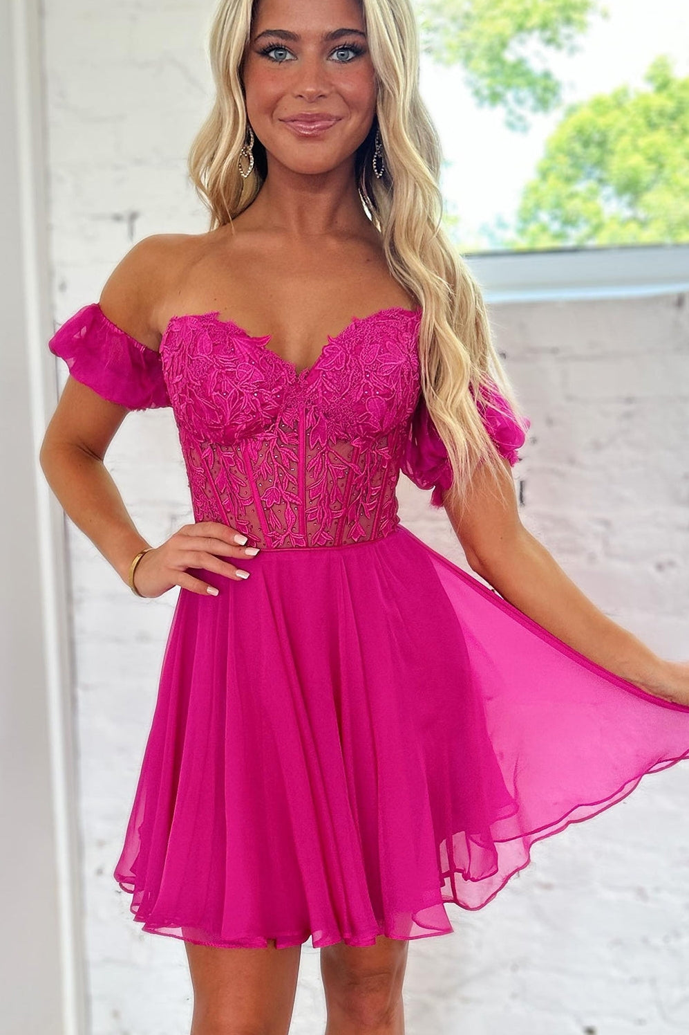 Lace Off the Shoulder A Line  Homecoming Dress  Short Prom Dress with Appliques