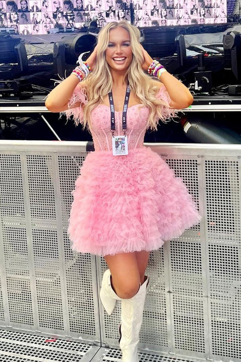 Pink A Line Off the Shoulder Short Homecoming Dress with Feather