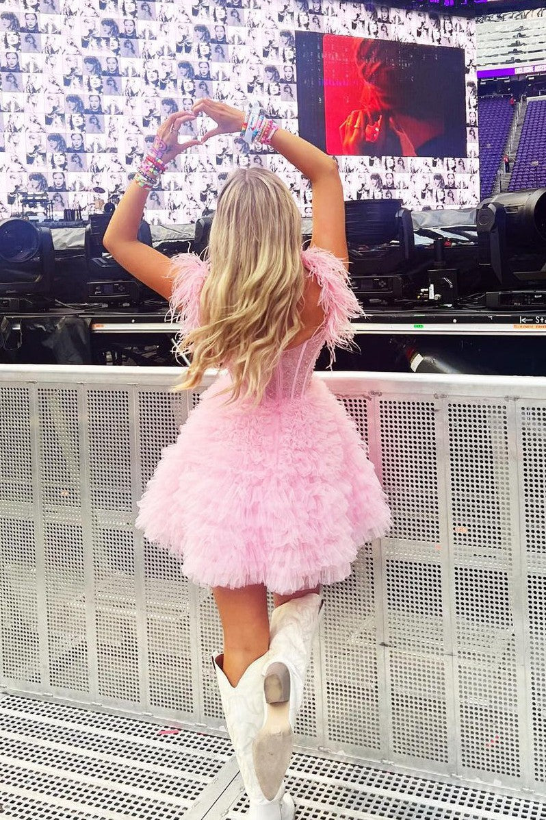 Pink A Line Off the Shoulder Short Homecoming Dress with Feather