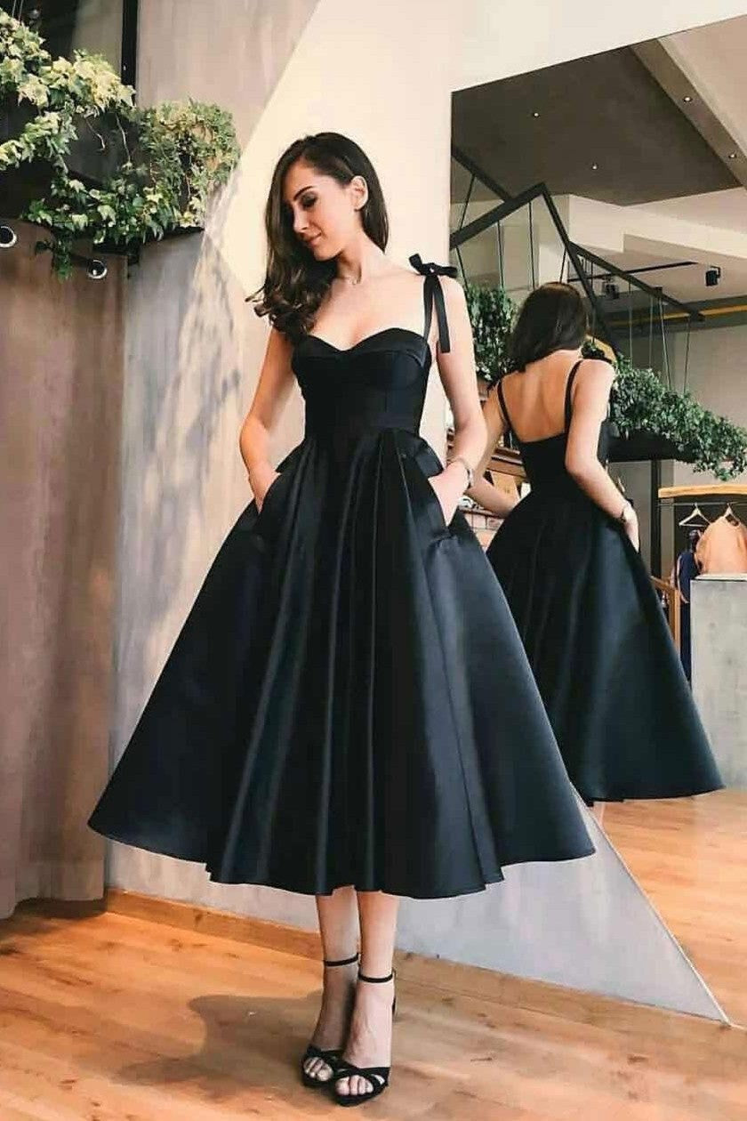 A line Satin Tea Length Homecoming Dress With Sweetheart Neck and Straps
