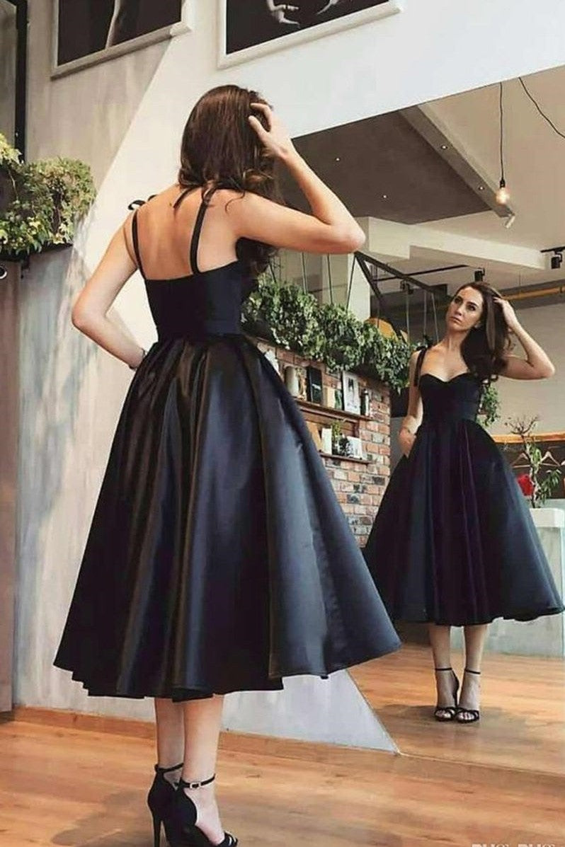 A line Satin Tea Length Homecoming Dress With Sweetheart Neck and Straps